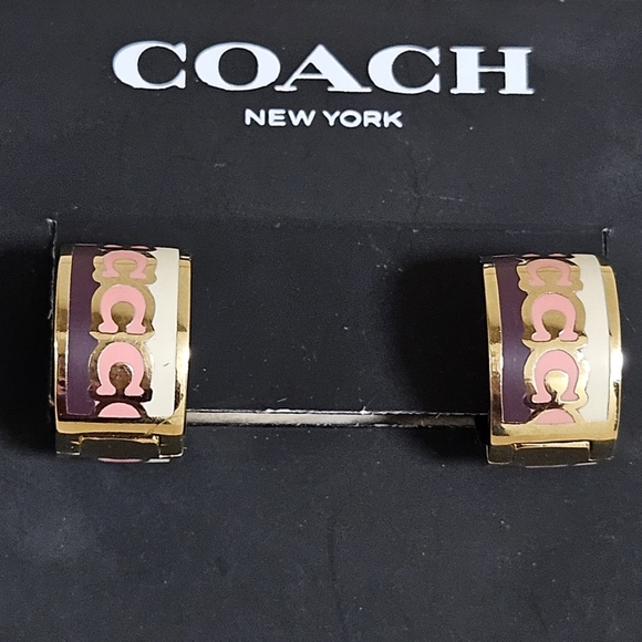 COACH NEW YORK GOLD ENAMEL PURPLE & PINK ENAMEL HOOP EARRINGS $85 - Picture 3 of 12